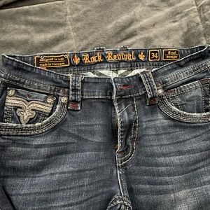 Dark Blue Rock Revival Jeans. Size 34. 32” inseam. Brad Straight style.